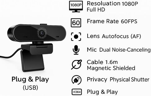 60FPS Business Conference Webcam,Autofocus with HDR,Dual Noise-Canceling Microphones,Privacy Cover,H.264 USB &Play in Kuwait