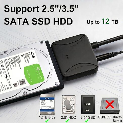 كابل محول SATA إلى USB 3.0 عالي السرعة، قارئ محول القرص الصلب لـ 2.5 بوصة 3.5 بوصة SSD وHDD حتى 12 تيرابايت، كابل Sata 2in1 Type-C/Type-A مع طاقة متوافقة مع Samsung Seagate WD in Kuwait