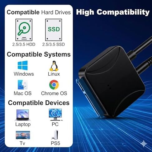 كابل محول SATA إلى USB 3.0 عالي السرعة، قارئ محول القرص الصلب لـ 2.5 بوصة 3.5 بوصة SSD وHDD حتى 12 تيرابايت، كابل Sata 2in1 Type-C/Type-A مع طاقة متوافقة مع Samsung Seagate WD in Kuwait
