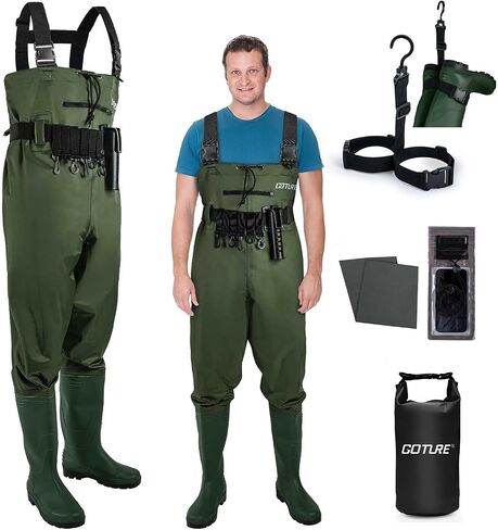 Goture Mens Fishing Waders w/Boots Waterproof Chest Wader for Women Lightweight Nylon PVC Material for Outdoor Hunting Fly Fishing Farm Work Reinforced Seams Design w/Adjustable Belt & Repair Patches in Saudi Arabia