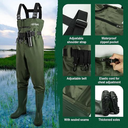 Goture Mens Fishing Waders w/Boots Waterproof Chest Wader for Women Lightweight Nylon PVC Material for Outdoor Hunting Fly Fishing Farm Work Reinforced Seams Design w/Adjustable Belt & Repair Patches in Saudi Arabia