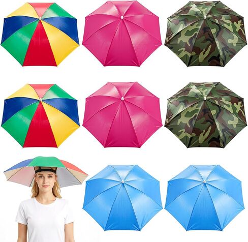8 Pack Umbrella Hats, 27" Hands Free Head Umbrella with Elastic Band, Folding UV Protection Sports Waterproof Sun Rain Cap for Fishing, Beach Hiking, Camping, Gardening, Multicolor in Saudi Arabia