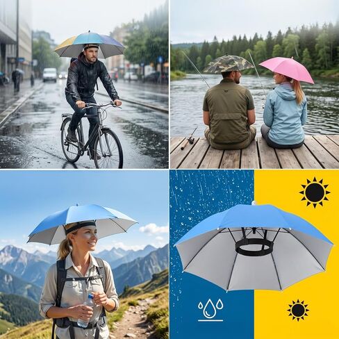 8 Pack Umbrella Hats, 27" Hands Free Head Umbrella with Elastic Band, Folding UV Protection Sports Waterproof Sun Rain Cap for Fishing, Beach Hiking, Camping, Gardening, Multicolor in Saudi Arabia