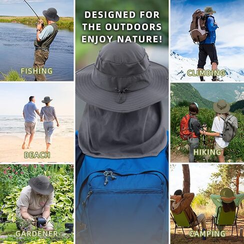 Fishing Hat for Men & Women, Outdoor UV Sun Protection Wide Brim Safari Hat with Face Cover & Neck Flap for Hiking Hats in Saudi Arabia