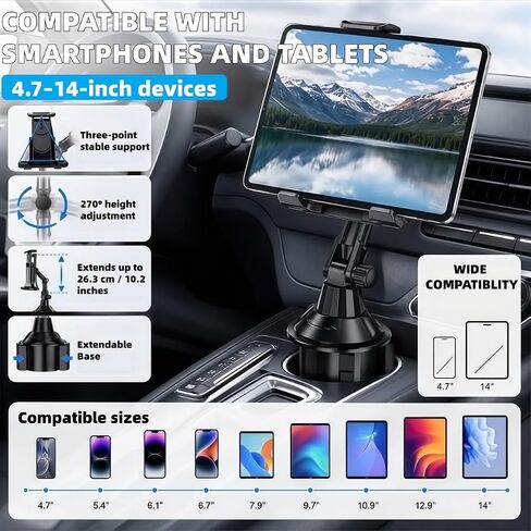 Cup Holder Tablet Mount for Alfa Romeo Stelvio 2017-2022 2023,Tablet Holder for Car,for iPad Stand Cup Holder Car Mount,Adjustable Height,for 4.7-14‘’ Tablet,All Smartphones in Saudi Arabia