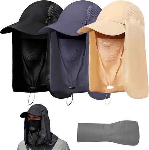 3 Pack Sun Hats for Men with Breathable Mesh, Sun Protection Fishing Hat with Neck Flap Face Cover Hiking Cycling in Saudi Arabia