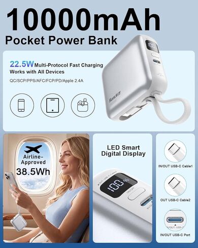 شاحن محمول صغير L23، بنك طاقة صغير الحجم بقدرة 10000 مللي أمبير في الساعة، شحن سريع 22.5 وات PD، كابل مدمج Tpye-C، طاقة أساسية للسفر، حزمة بطارية خارجية صغيرة لأجهزة iPhone وSamsung وAndroid iPad in Kuwait