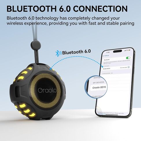 Oraolo Waterproof Shower Bluetooth Speaker, 15W Immersive Audio, 30H Playtime, Bluetooth 6.0, Support TWS, IPX7 Small Mini Speakers with LED Light, Ideal for Shower, Pool, Beach & Kayaking in Saudi Arabia