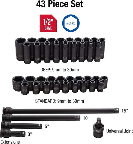 Sunex 2569, 1/2" Drive Master Impact Socket Set, 43Piece, Metric, 9mm - 30mm & Sunex 2568, 1/2 Inch Drive Master Impact Socket Set, 43-Piece, SAE, 3/8 Inch - 1-1/2 Inch, Standard/Deep in Kuwait