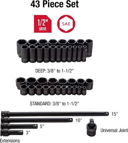 Sunex 2569, 1/2" Drive Master Impact Socket Set, 43Piece, Metric, 9mm - 30mm & Sunex 2568, 1/2 Inch Drive Master Impact Socket Set, 43-Piece, SAE, 3/8 Inch - 1-1/2 Inch, Standard/Deep in Kuwait