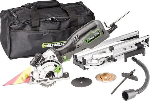 Genesis GPCS535CK 5.8 Amp 3 1/2" Control Grip Plunge Compact Circular Saw Kit with Laser, Miter Base, 3 Assorted Blades, Vacuum Adapter Hose, Rip Guide and Carrying Bag in Kuwait
