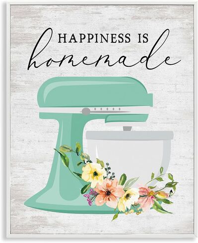 Stupell Industries Happiness is Homemade Phrase Floral Kitchen Stand Mixer مصمم بواسطة Lettered and Lined White Framed Art Wall Art، 11 × 14، متعدد الألوان in Kuwait
