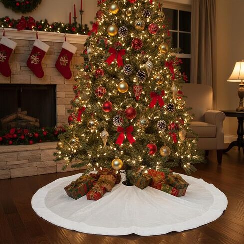 48-Inch White Sheer Organza with Faux Fur Trim Christmas Tree Skirt in Kuwait