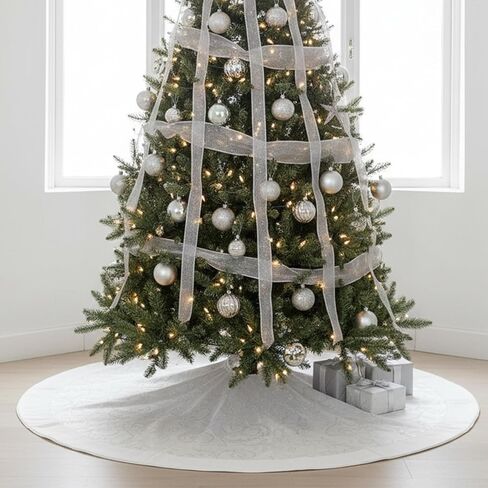 48-Inch White Sheer Organza with Faux Fur Trim Christmas Tree Skirt in Kuwait