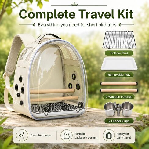 Bird Carrier Backpack for Small Medium Birds, Bird Travel Cage with Adjustable 2 Wooden Perches, Removable Tray, Feeder Cups Sunshade Cover,Bird Backpack for Parakeet Cockatiel Conure Quaker Lovebird in Kuwait