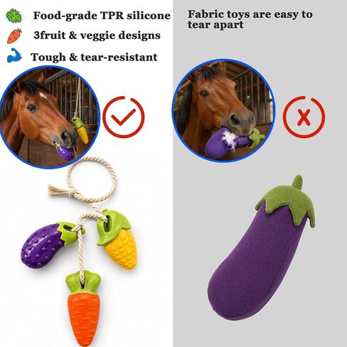 Horse Toys for Horses to Play with – 3 Pack TPR Silicone , Eggplant Corn Carrot,Super Durable Enrichment Toys for Stall, Pasture & Trailer, Strong Anti-Tear Squeaky Toys for Horses to Prevent Boredom in Saudi Arabia