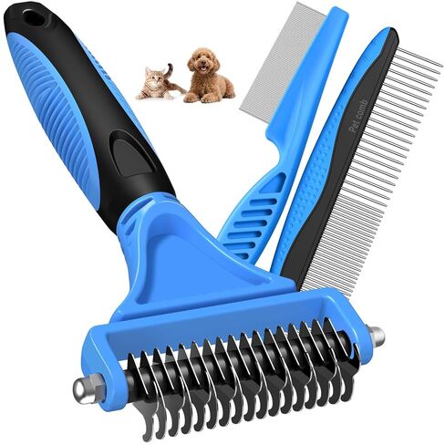 3PCS Pet Grooming Rake & Metal Comb & Flea Comb for Cats and Dogs, Double-Sided Dematting Tool, Extra-Wide Deshedding Dog Brush for Long Hair to Effectively Remove Tangles, Knots and Mats (Blue) in Kuwait