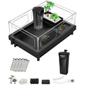 MoonOrange Small Turtle Tank Kit(Tank+Light+Filter), Acrylic Turtle Tank Starter Kit with Bask Platform, Bottom Drain, Multi-Function Area for Small Reptiles.(White) in Kuwait