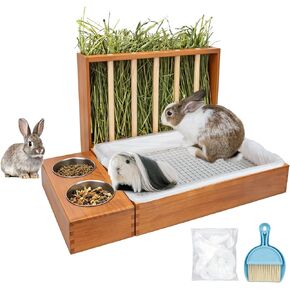 BESNEW 3 in 1 Rabbit Hay Feeder with Litter Box,Wooden Hay Feeder with 2 Bowls & Litter Box for Guinea Pig Chinchilla Bunny Other Small Animals,Large Capacity & Preventing Waste in Kuwait