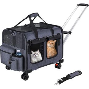 Cat Carrier for 2 Cats,Cat Carrier with Wheels for Cats and Dogs, Foldable Double Pet Carrier, Rolling Dog Carrier with Detachable Wheels and Telescopic Handle,2 Front Zippered Compartments Gray in Saudi Arabia