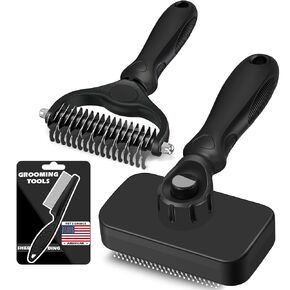 Professional 3PCS Self Cleaning Slicker Brush & Pet Grooming Rake & Flea Comb for Dogs,Cats and Horses | Double-Sided Dematting Comb & Skin Friendly Deshedding Grooming Tool | Pet Supplies (Black) in Kuwait