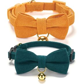 2 Pack Soft Corduroy Cat Collars with Bow Tie & Bell Adjustable Breakaway Bowtie Kitten Collar for Girl Boy Kittens(Orange & Dark Green) in Saudi Arabia