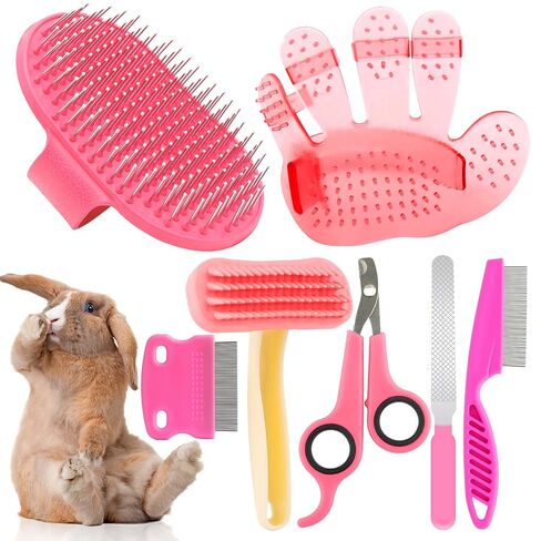 Rabbit Grooming Kit, Rabbit Brush for Shedding with Bunny Nail Clipper, Rabbit Nail Trimmers with Pet Combs for Hamster Guinea Pig Ferret by KALAMANDA(Pink) in Saudi Arabia