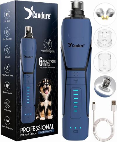 Candure Whisper Quiet Dog Nail Grinder with 360 Degree LED Light, 6-Speed Rechargeable Pet Nail Trimmers with Extra Grinding Head for Safe, Stress-Free Grooming for All Pet Sizes (Dark Blue) in Kuwait