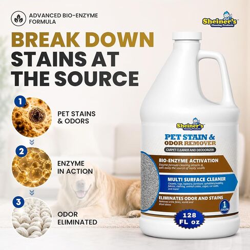 Sheiner's Pet Urine Enzyme Cleaner & Pet Stain & Odor Remover, Advanced Enzymatic Cleaner Solution for Carpets, Rugs, Upholstery & Multi-Surfaces, Safe for Pets & Kids. (128 oz) in Kuwait