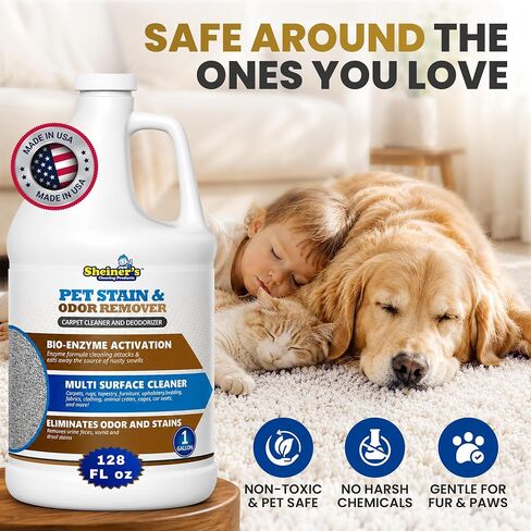 Sheiner's Pet Urine Enzyme Cleaner & Pet Stain & Odor Remover, Advanced Enzymatic Cleaner Solution for Carpets, Rugs, Upholstery & Multi-Surfaces, Safe for Pets & Kids. (128 oz) in Kuwait