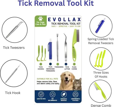 Evollax Tick Removal Tool – 7 Pack Tick Remover Tool for Humans and Pets | Tick Removal Kit Includes Tick Tweezers & Tick Comb for Dogs | Tick Prevention for Dogs and Cats Safely Removes Entire Tick in Kuwait