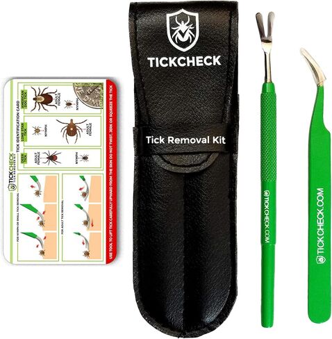 TickCheck Premium Tick Remover Kit - Stainless Steel Tick Remover + Tweezers, Leather Case, and Free Pocket Tick Identification Card (1 Set) in Kuwait