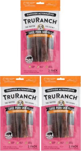 TRURANCH Large Pork Skin Rolls - Chicken-Wrapped Jerky Collagen Rolls - Collagen Chews for Dogs - Real Pork Skin - Rawhide Alternative - Easy to Digest Treat, 1 Bag, 2 Count (Pack of 3) in Saudi Arabia