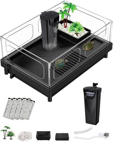 MoonOrange Small Turtle Tank Kit(Tank+Light+Filter), Acrylic Turtle Tank Starter Kit with Bask Platform, Bottom Drain, Multi-Function Area for Small Reptiles.(White) in Kuwait