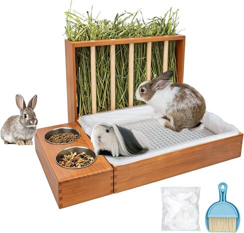 BESNEW 3 in 1 Rabbit Hay Feeder with Litter Box,Wooden Hay Feeder with 2 Bowls & Litter Box for Guinea Pig Chinchilla Bunny Other Small Animals,Large Capacity & Preventing Waste in Kuwait