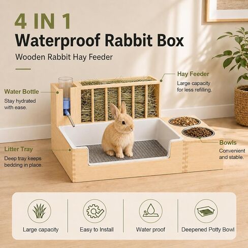 4-in-1 Rabbit Litter Box with Hay Feeder, Waterproof Bunny Toilet in Saudi Arabia