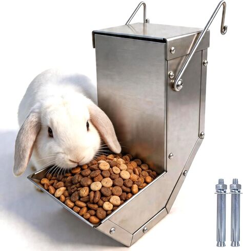 Rabbit Feeder - Small Animal Stainless Steel Gravity Feeding Trough with Lid, Outdoor Durable Cage Feeder Holds Several Days' Food (4 Inch/1.5Lbs) in Saudi Arabia