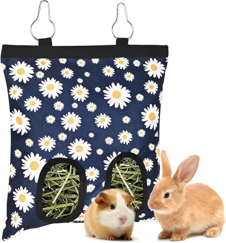 Upgraded Rabbits Hay Feeder Bag for Bunny, Guinea Pigs, Chinchillas - Hanging Washable 2-Hole Hay Dispenser with 600D Oxford Fabric, Small Animal Cage Accessories (Blue Daisy) in Kuwait