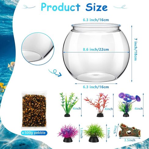 1 Gallon Plastic Betta Fish Bowl with 6 Pcs Artificial Plastic Plants and 500g Decorative Gravel, Betta Fish Tank and Decoration Accessories Small Large Bowl Ornaments Starter Kit in Kuwait