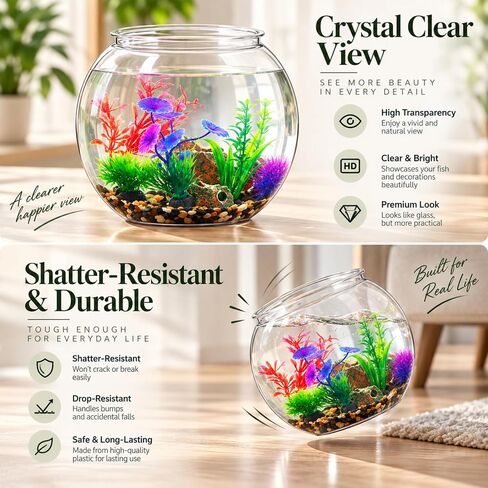 1 Gallon Plastic Betta Fish Bowl with 6 Pcs Artificial Plastic Plants and 500g Decorative Gravel, Betta Fish Tank and Decoration Accessories Small Large Bowl Ornaments Starter Kit in Kuwait