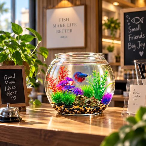 1 Gallon Plastic Betta Fish Bowl with 6 Pcs Artificial Plastic Plants and 500g Decorative Gravel, Betta Fish Tank and Decoration Accessories Small Large Bowl Ornaments Starter Kit in Kuwait
