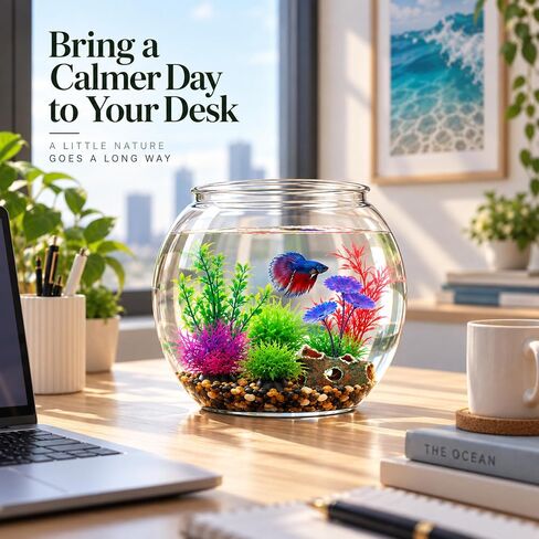 1 Gallon Plastic Betta Fish Bowl with 6 Pcs Artificial Plastic Plants and 500g Decorative Gravel, Betta Fish Tank and Decoration Accessories Small Large Bowl Ornaments Starter Kit in Kuwait