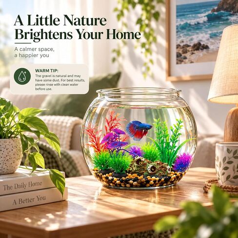 1 Gallon Plastic Betta Fish Bowl with 6 Pcs Artificial Plastic Plants and 500g Decorative Gravel, Betta Fish Tank and Decoration Accessories Small Large Bowl Ornaments Starter Kit in Kuwait