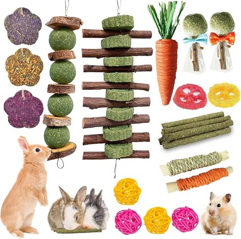 Jorewood 21 Pcs Rabbit Chew Toys for Teeth, Natural Bunny Toys Peach Wood Grass Timothy Sticks Chew and Treat for Guinea Pigs Hamster Chinchillas and Other Small Pets in Kuwait