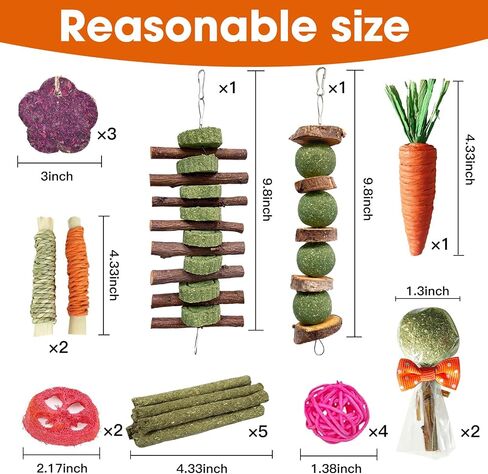 Jorewood 21 Pcs Rabbit Chew Toys for Teeth, Natural Bunny Toys Peach Wood Grass Timothy Sticks Chew and Treat for Guinea Pigs Hamster Chinchillas and Other Small Pets in Kuwait