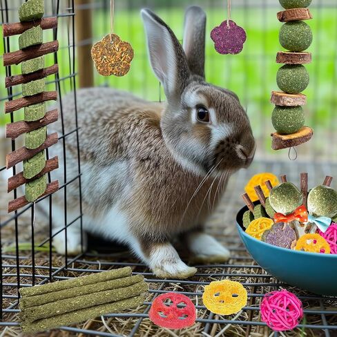 Jorewood 21 Pcs Rabbit Chew Toys for Teeth, Natural Bunny Toys Peach Wood Grass Timothy Sticks Chew and Treat for Guinea Pigs Hamster Chinchillas and Other Small Pets in Kuwait