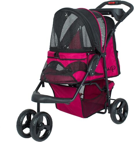 Petique Durable Pet Stroller, Easy Fold, Quality mesh Windows, Large Storage Basket, Secure Cup Holder Tray, for Small to Medium Dog, Cat, Bunny, Supports Pets up to 55LBS - RAZZBERRY in Saudi Arabia