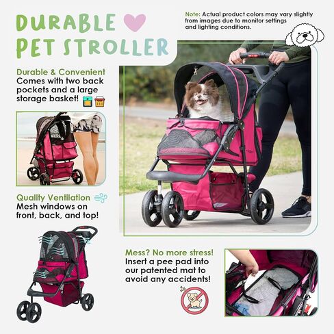 Petique Durable Pet Stroller, Easy Fold, Quality mesh Windows, Large Storage Basket, Secure Cup Holder Tray, for Small to Medium Dog, Cat, Bunny, Supports Pets up to 55LBS - RAZZBERRY in Saudi Arabia
