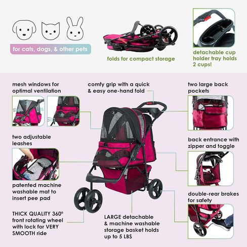 Petique Durable Pet Stroller, Easy Fold, Quality mesh Windows, Large Storage Basket, Secure Cup Holder Tray, for Small to Medium Dog, Cat, Bunny, Supports Pets up to 55LBS - RAZZBERRY in Saudi Arabia