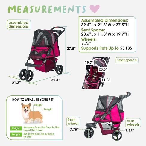 Petique Durable Pet Stroller, Easy Fold, Quality mesh Windows, Large Storage Basket, Secure Cup Holder Tray, for Small to Medium Dog, Cat, Bunny, Supports Pets up to 55LBS - RAZZBERRY in Saudi Arabia